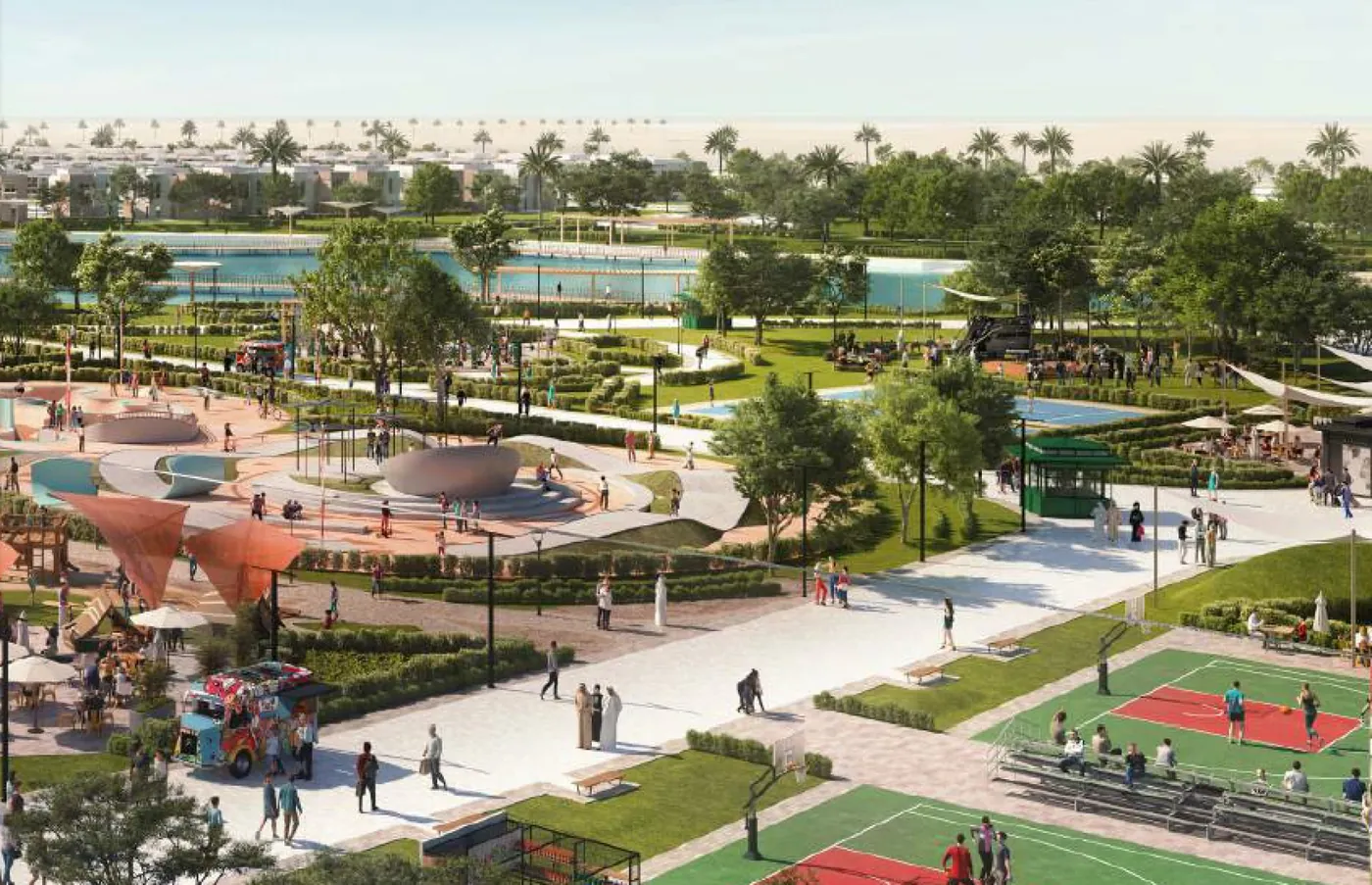 Le parc central de Bayn, aires de jeux et terrains de sport, rendu du promoteur