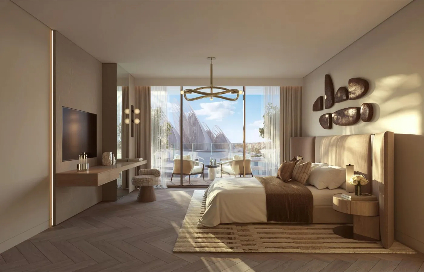 Une chambre de The Row avec vue sur le Zayed National Museum, rendu du promoteur