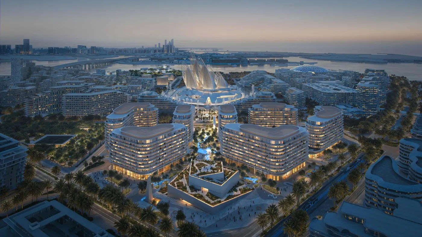 The Row et le district culturel de Saadiyat au crépuscule, rendu du promoteur