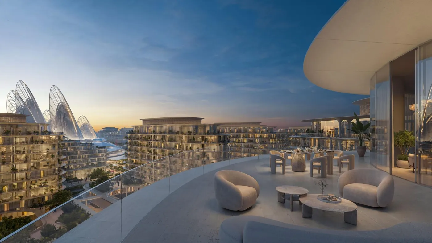 Une terrasse de The Row avec vue sur le district culturel, rendu du promoteur